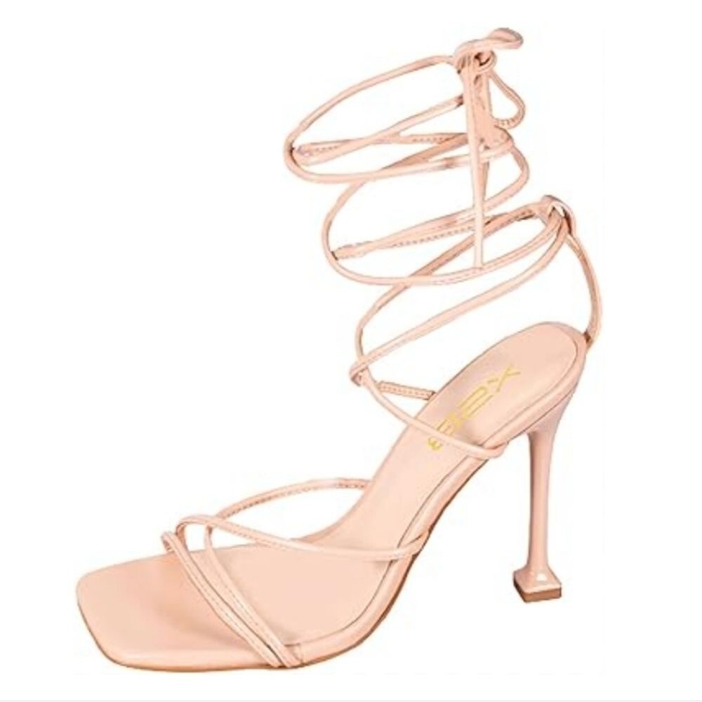 X2B Kimm-1 Nude Tan PU Leather Lace Up High Heel Gladiator Strappy Sandals, Sz 8